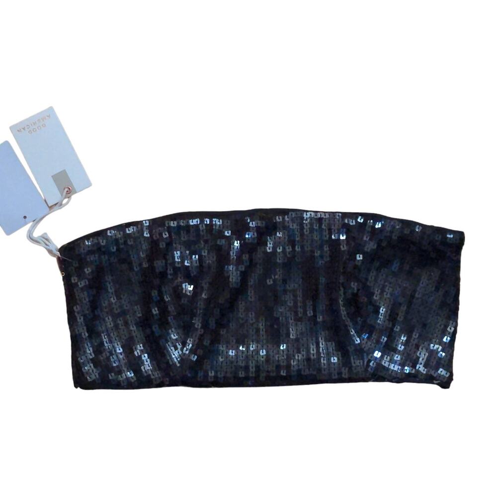 Good American Womens Bandeau Top Black Strapless Stretch Sequin Zip 3 L New